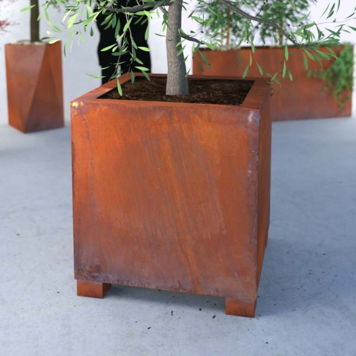 Bac à fleurs Corten cubique en acier sur mesure avec bordure AGtrema