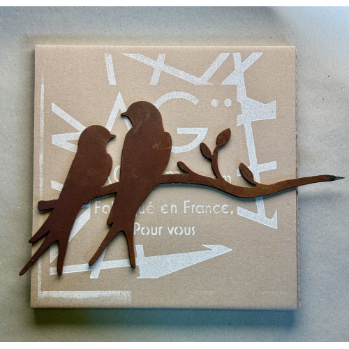 Couple d'oiseaux, des pies, en acier Corten, a planter dans un tronc ou un poteau