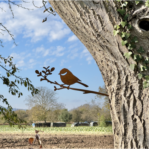 Silhouette de Mésange charbonnière en acier corten à piquer