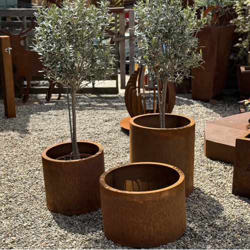 Trio de jardinière cylindrique avec retour 5 cm, en acier Corten, Par AGtrema