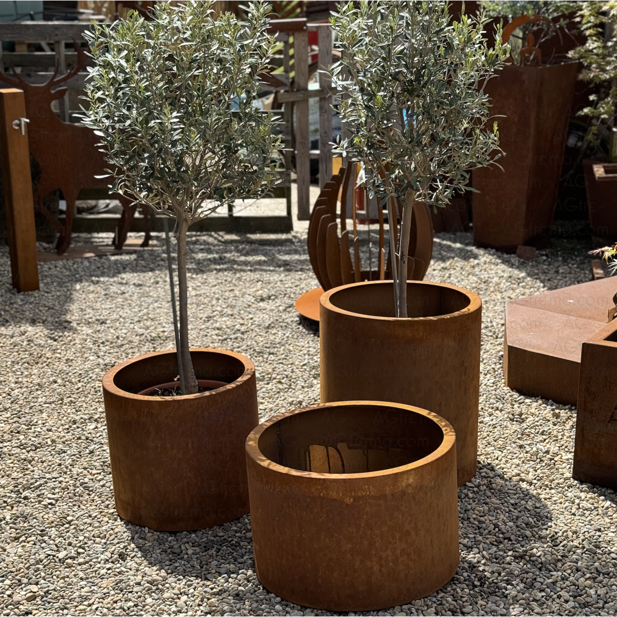 Trio de jardinière cylindrique avec retour 5 cm, en acier Corten, Par AGtrema