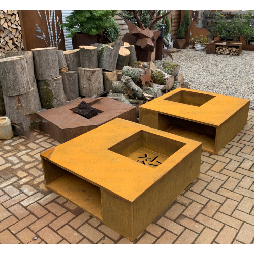 Brasero en acier Cor-Ten AGtrema, tout juste sortis de l'atelier et avec une couche d'accélérateur de patine