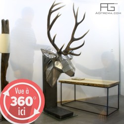 Sculpture en acier brut, Trophée tete de cerf Origami en acier brut poncé, mues naturelles de cerf, artisanat d'Alsace, AGtrema