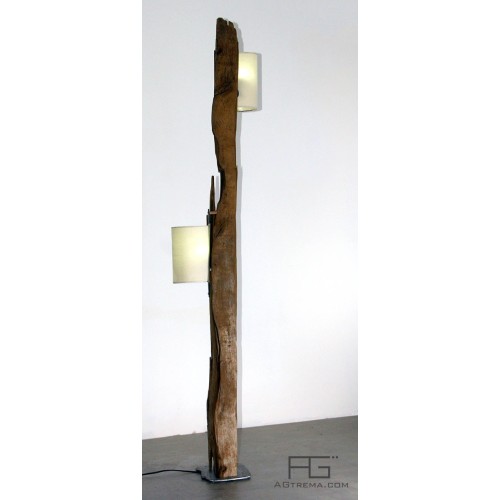 Lampe en bois flotté artisanale, modèle double. Fabrication française par AGtrema