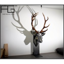 Sculpture en acier brut, Trophée tete de cerf Origami en acier brut poncé, mues naturelles de cerf, artisanat d'Alsace, AGtrema