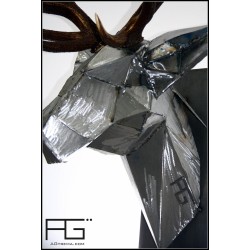 Sculpture en acier brut, Trophée tete de cerf Origami en acier brut poncé, mues naturelles de cerf, artisanat d'Alsace, AGtrema