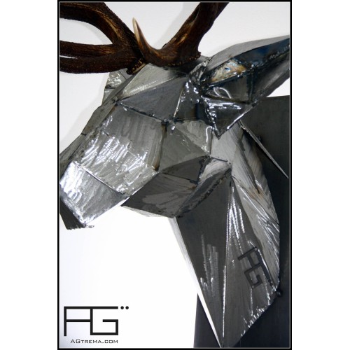 Trophée tete de cerf Origami acier brut, artisanat d'Alsace - AGtrema