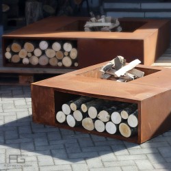 Brasero Corten en acier Corten avec rangement range bois et buches, artisanal et fabriqué en france par AGtrema