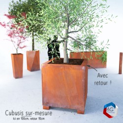 Bac à plantes Cŭbusis, modèle présenté 100cm avec retours de 10 cm et pieds pour transpalette