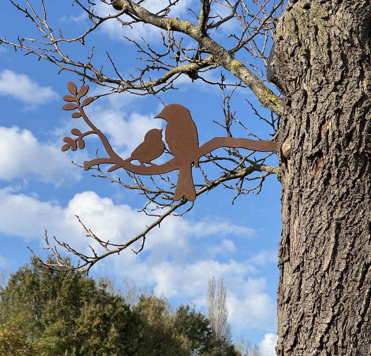 Passereau et son bébé en acier corten à piquer, idée cadeau de noël original et fabriqué en france